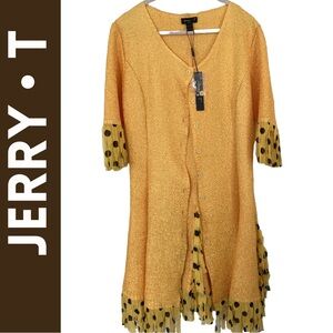 Jerry T Crinkled Gold-Yellow Cardigan w/ Polka Dot Ties – NWT – Size L Designer